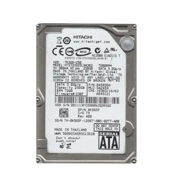 0A58566 - Hitachi 250GB 7200RPM SATA 3Gb/s 2.5-in Hard Drive