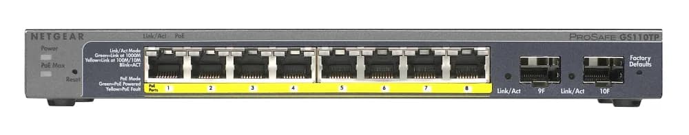 GS110TP-200EUS - Netgear GS110TP 8 x RJ-45 Ports PoE 10/100/1000Base-T + 2 x SFP Ports Layer 3 Managed Gigabit Ethernet Network Switch