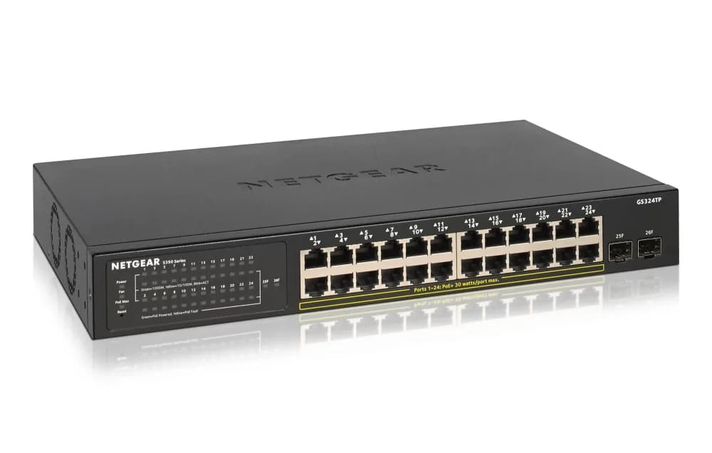 GS324TP-100EUS - Netgear Prosafe S350 Series GS324TP 24 x Ports PoE+ 10/100/1000Base-T + 2 x SFP Ports Layer2 Managed Rack-mountable Gigabit Ethernet Network Switch