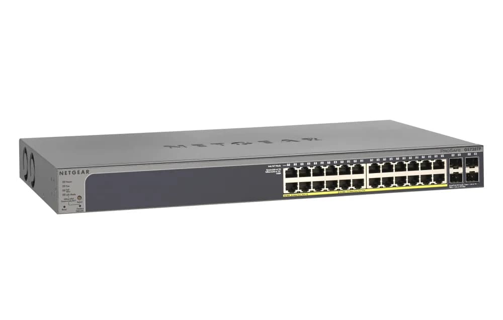 GS728TP-100EUS - Netgear ProSafe 24 x RJ-45 Ports PoE+ 10/100/1000Base-T + 4 x SFP Ports Layer 3 Managed 1U Rack-mountable Gigabit Ethernet Stackable Smart Network Switch