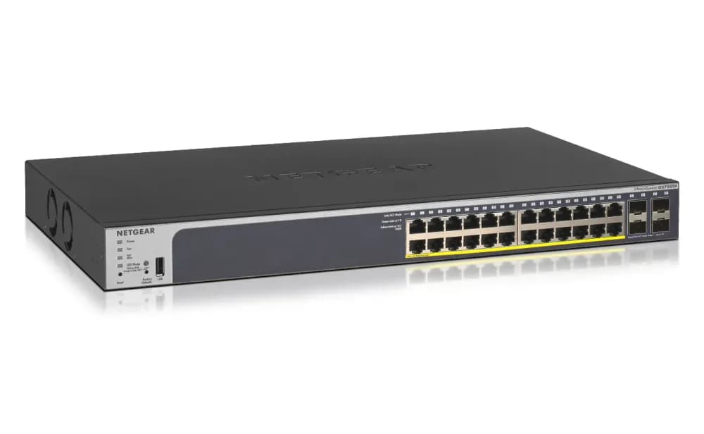 GS728TP-200EUS - Netgear ProSafe 24 x RJ-45 Ports PoE+ 10/100/1000Base-T + 4 x SFP Ports Layer 3 Managed 1U Rack-mountable Gigabit Ethernet Stackable Smart Network Switch