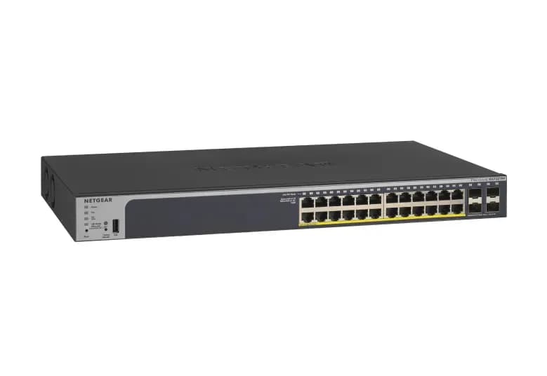 GS728TP-200NAS - Netgear ProSafe 24 x RJ-45 Ports PoE+ 10/100/1000Base-T + 4 x SFP Ports Layer 3 Managed 1U Rack-mountable Gigabit Ethernet Stackable Smart Network Switch