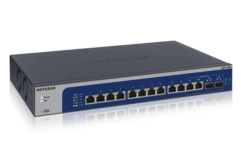 XS512EM-100EUS - Netgear XS512EM 12 x Ports 10GBase-T + 2 x Ports Shared SFP+ Rack-mountable Layer3 Managed Multi-Gigabit Ethernet Network Switch