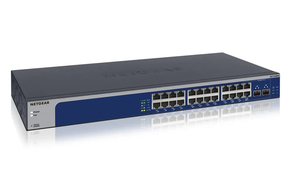 XS724EM-100EUS - Netgear XS724EM 24 x Ports 10GBase-T + 2 x Ports Shared SFP+ Layer3 Managed 1U Rack-mountable Multi-Gigabit Ethernet Network Switch