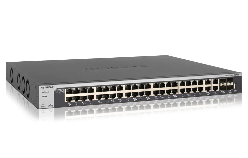 XS748T-100NES - Netgear Prosafe XS748T 44 x RJ-45 Ports 10GBase-T + 4 x SFP+ Ports Layer3 Managed 1U Rack-mountable Gigabit Ethernet Network Switch