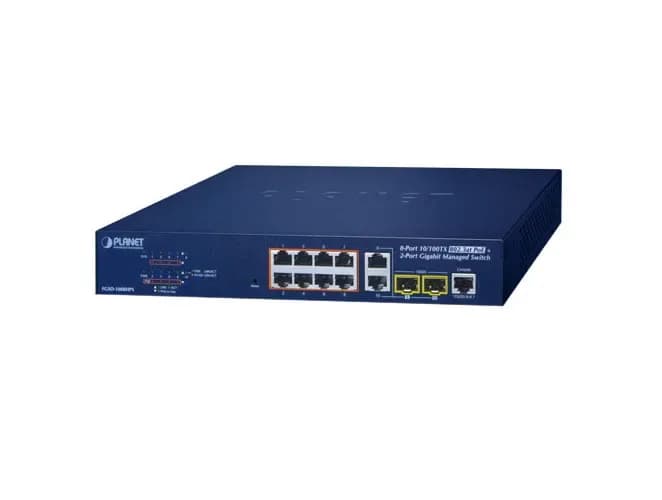 FGSD-1008HPS - Planet 8 x Ports PoE+ 10/100Base-TX + 2 x Ports 1GbE RJ-45 + 2 x Shared Ports SFP mini-GBIC Layer 2 Managed Desktop Gigabit Ethernet Switch