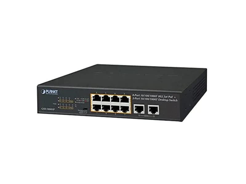 GSD-1008HP - Planet 8 x Ports PoE+ 10/100/1000Base-T + 2 x Ports 1GbE RJ-45 Desktop Gigabit Ethernet Switch