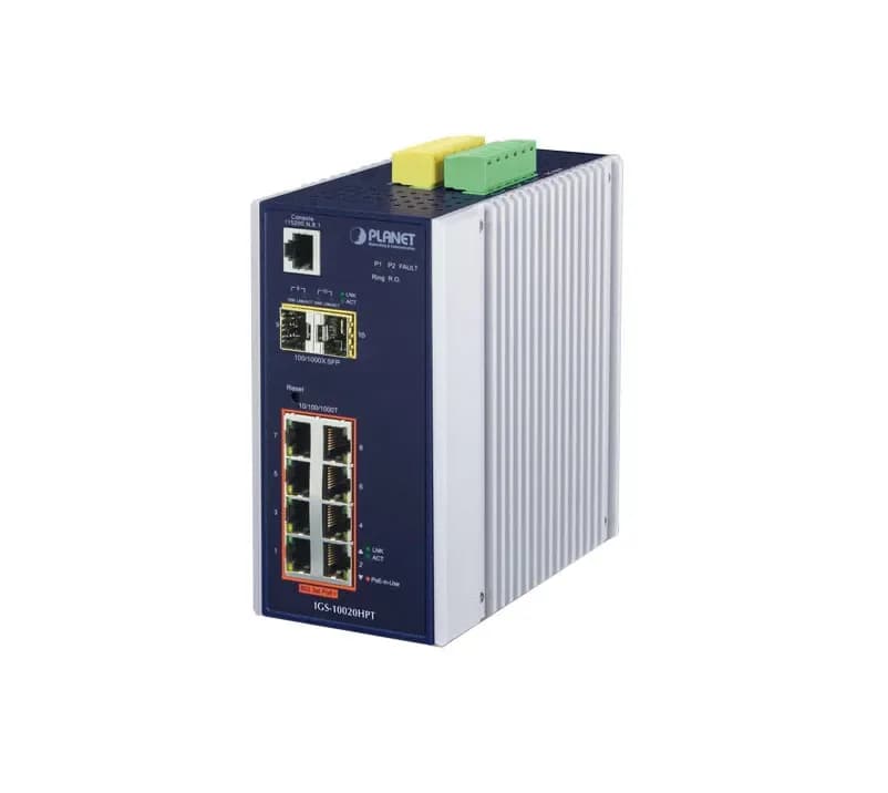 IGS-10020HPT - Planet 8 x Ports PoE+ 10/100/1000Base-T + 2 x Ports SFP 2.5GbE Layer2 Managed Rail-Mountable Gigabit Ethernet Industrial Switch