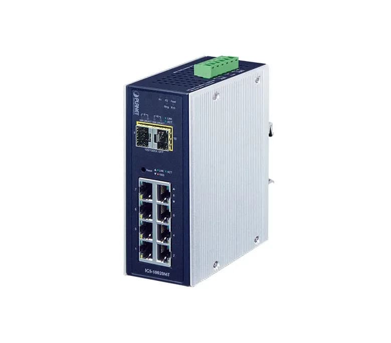 IGS-10020MT - Planet 8 x Ports 10/100/1000Base-T + 2 x Ports SFP 2.5GbE Layer 2 Rail-Mountable Gigabit Ethernet Industrial Switch