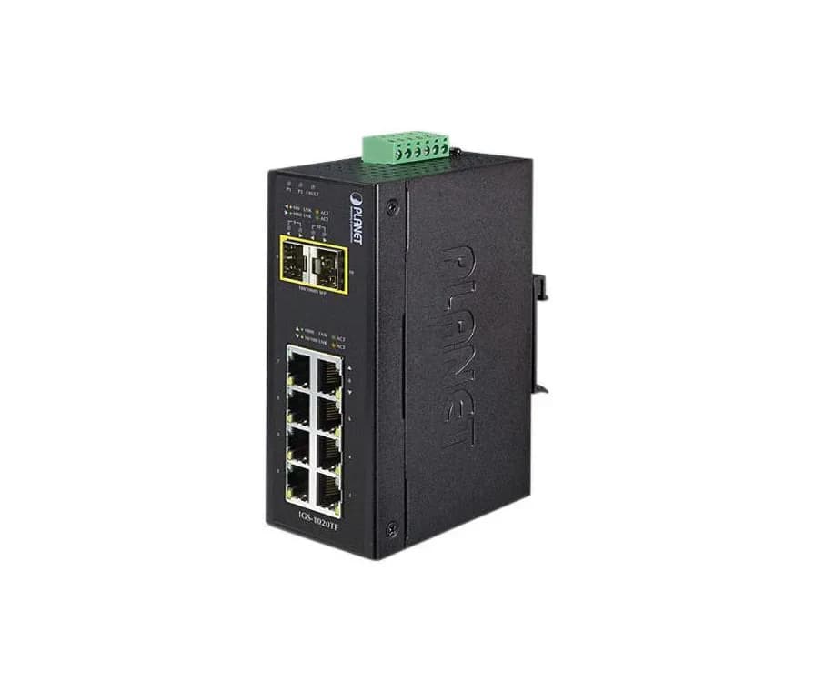 IGS-1020TF - Planet 8 x Ports 10/100/1000Base-T + 2 x Ports SFP Rail-Mountable Gigabit Ethernet Industrial Switch
