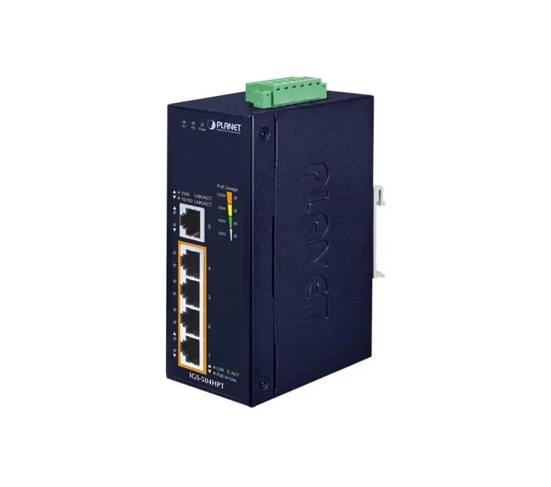 IGS-504HPT - Planet 4 x Ports PoE+ 10/100/1000Base-T + 1 x Port 1GbE RJ-45 Rail-Mountable Gigabit Ethernet Industrial Switch