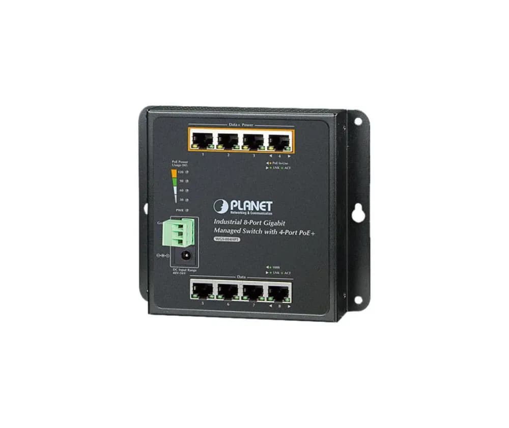 WGS-804HPT - Planet 4 x Ports PoE+ 10/100/1000Base-T + 4 x Ports 1GbE RJ-45 Layer 2 Managed Wall-Mountable Gigabit Ethernet Industrial Switch