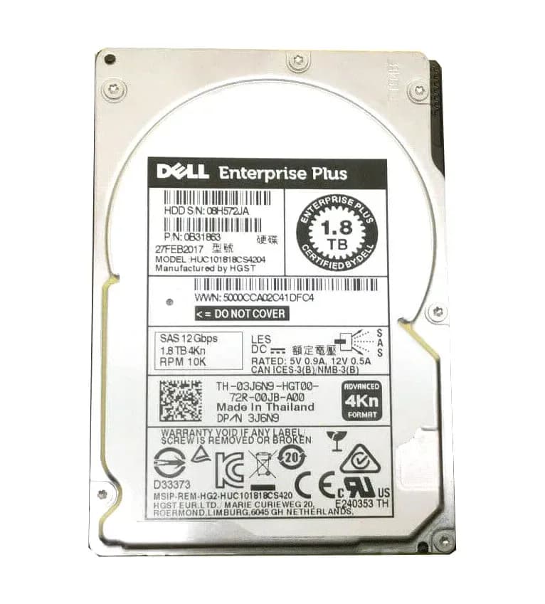 3J6N9 - Dell 1.8TB 10K SAS 12Gb/s (4Kn) 2.5-in HDD with Tray