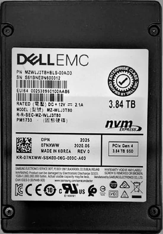 7NXWW - Dell 3.84TB PCI Express NVMe SFF 2.5" Solid State Drive