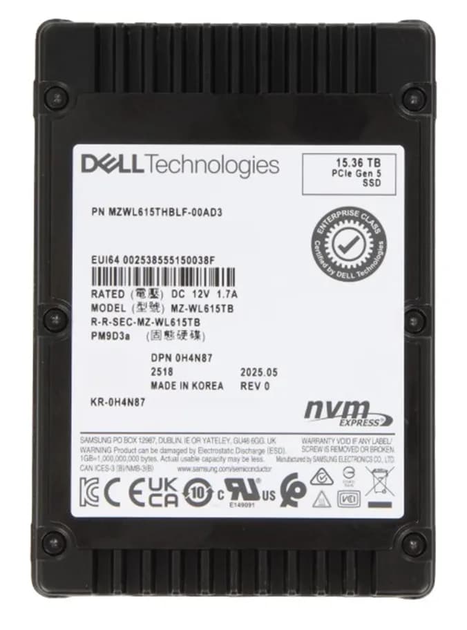 Samsung MZ-WL615TB PM9D3a 15.36TB PCIe NVMe 2.5-Inch SSD. Dell OEM.
