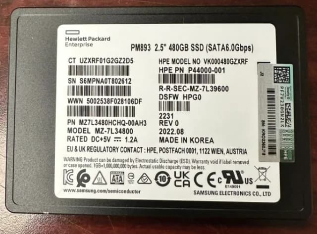 MZ7L3480HCHQ-00AH3 - Samsung PM893 480GB SATA TLC 2.5" SSD. HPE OEM.