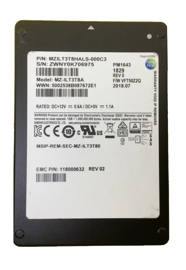 MZILT3T8HALS-000C3 - Samsung PM1643 3.84TB SAS TLC 2.5" SSD