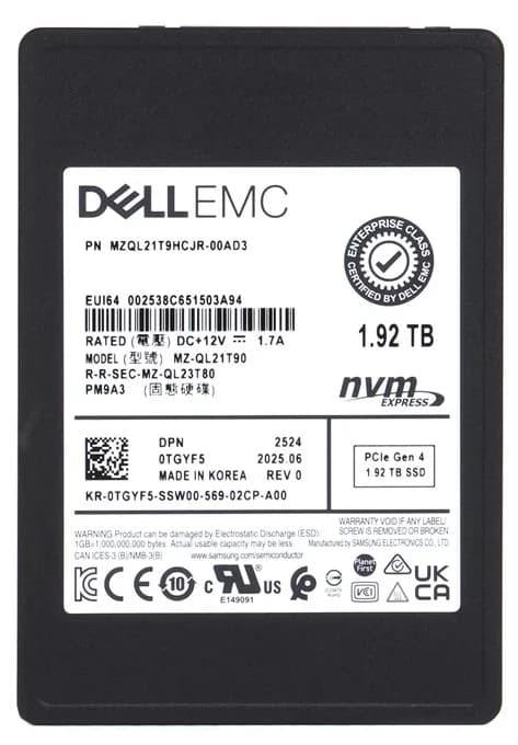 MZQL21T9HCJR-00AD3 - Samsung PM9A3 1.92TB PCIe NVMe TLC U.2 2.5" SSD. DELL OEM.