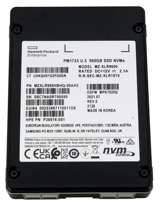 P36976-001 - HPE PM1733 960GB PCI Express NVMe 2.5" Solid State Drive