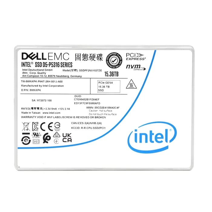 WNXPK - Dell D5-P5316 15.36TB PCIe NVMe Quad-Level Cell U.2 2.5" SSD