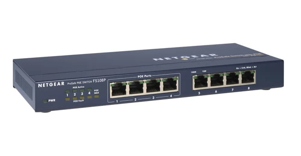 FS108PEU - Netgear Prosafe 100 Series FS108P 8 x Ports (4 x Ports PoE) 10/100Base-T Desktop Unmanaged Fast Ethernet Network Switch