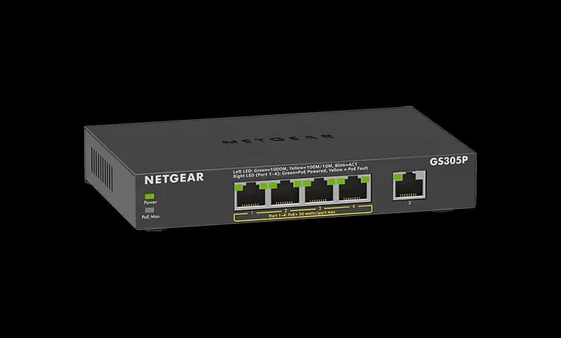 GS305P - Netgear 300 Series GS305P 4 x Ports PoE+ 10/100/1000Base-T + 1 x Port 1000Base-T Unmanaged Gigabit Ethernet Network Switch