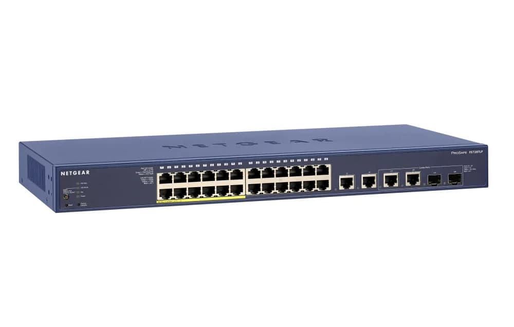 FS728TLP-100NAS - Netgear ProSafe FS728TLP 24 x Ports 10/100Base-TX (12 x PoE Ports) + 4 x 1GbE RJ-45 + 2 x Ports Combo RJ-45/SFP Layer 3 Managed 1U Rack-Mountable Fast Ethernet Network Switch