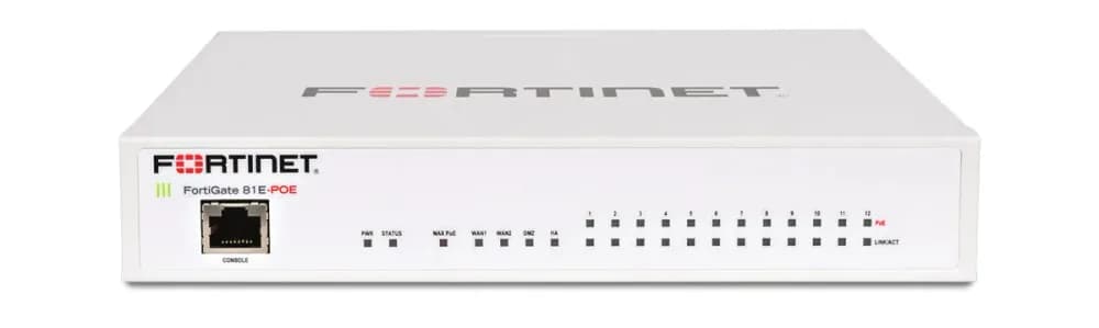 FG-81E-POE - Fortinet FortiGate 80E Series FG-81E-POE 12 x Ports PoE 1000Base-T + 2 x Ports SFP Shared + 1 x Port 1GbE DMZ + 1 x Port 1GbE HA Network Security Firewall Appliance