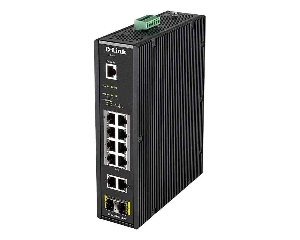 DIS-200G-12PS - D-Link 8 x 10/100/1000Base-T PoE+ Ports, 2x 10/100/1000Base-T Ports, 2 x SFP Ports Industrial Gigabit Smart Managed PoE Switch