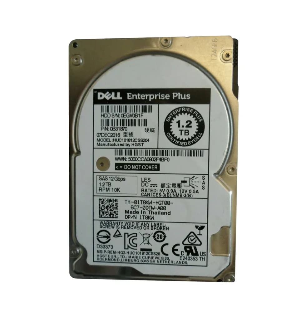 1T8KW - Dell 1.2TB 10000RPM SAS 12Gb/s 2.5-in HDD with Tray