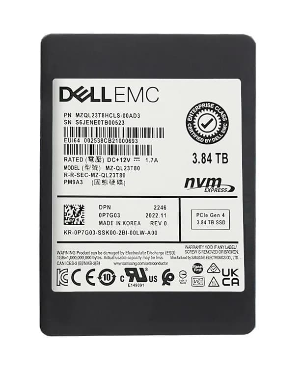 MZQL23T8HCLS-00AD3 - Samsung 3.84TB TLC PCIe NVMe 2.5-In SSD. Dell OEM.