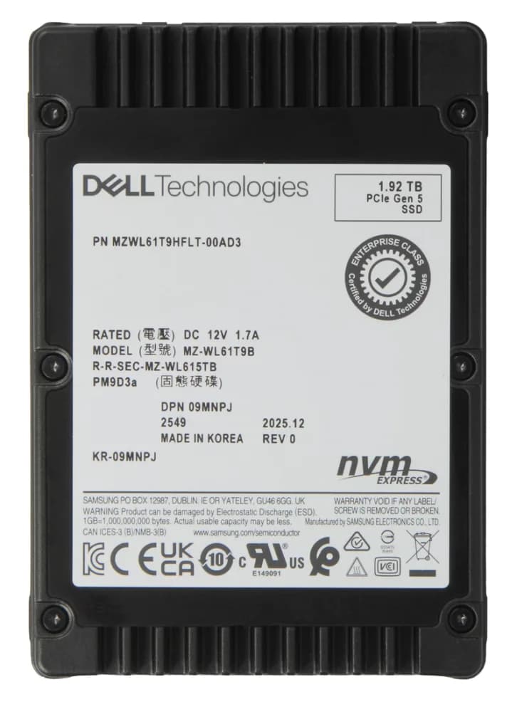 MZWL61T9HFLT-00AD3 - Samsung PM9D3A 1.92TB PCI Express 5.0 x4 NVMe 2.5-Inch SFF Solid State Drive. Dell OEM.